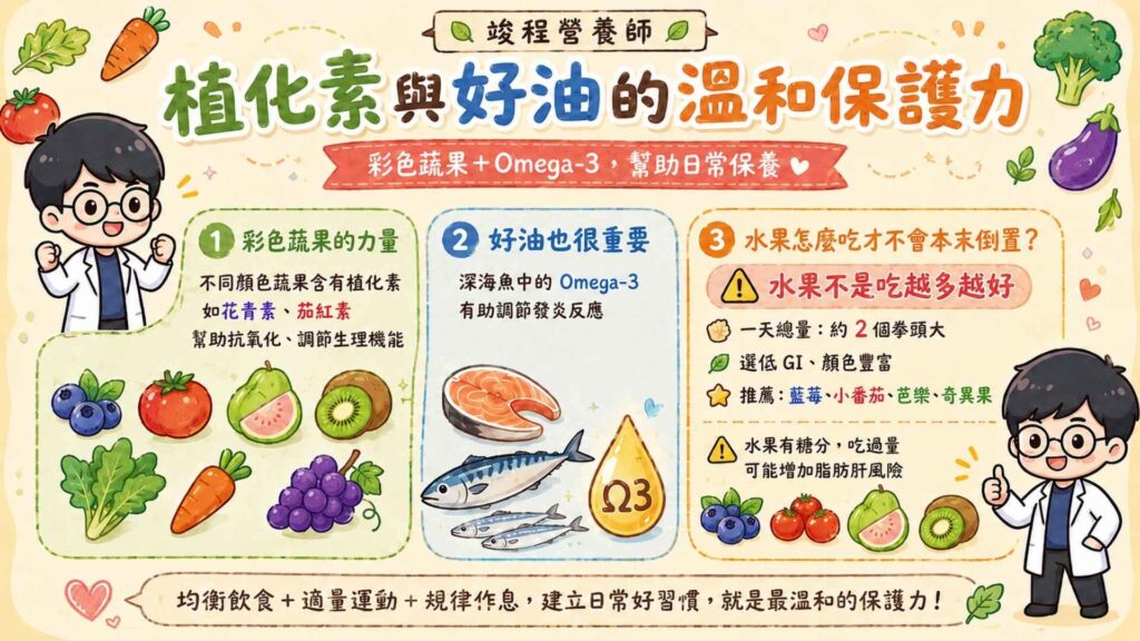 植化素與好油的溫和保護力

我在實務上常聽到個案回饋給我說：當開始有意識的選擇蔬果和攝取 Omega-3 脂肪酸後，隱約會覺得精神狀況好像變得比較好。

因為自然界各種不同顏色的蔬菜水果，裡面含有各種豐富的植化素（如花青素、茄紅素）能減緩身體自由基、抗發炎與調節生理機能。
而深海魚類中的 Omega-3 脂肪酸，則能競爭性地抑制身體的發炎路徑。

水果也含有植化素，所以可以大量吃嗎？
當然不行！因為水果本身含有糖份，所以過量攝取反而會引起果糖造成的脂肪肝。

理想的吃法應該是：控制一天水果的總量約「兩個拳頭大」。且建議挑選低 GI、顏色豐富的藍莓、小番茄、芭樂或奇異果。