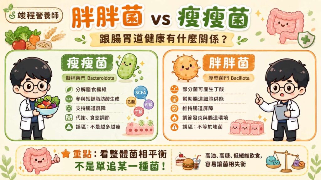 胖胖菌和瘦瘦菌是什麼?跟腸胃道健康有什麼關係?
有一個觀念必須先釐清:「瘦瘦菌、胖胖菌」不是正式醫學名稱,比較像是民間用語。而且也不是指單一菌種,而是用來形容腸道菌叢中不同菌群與代謝狀態的關聯。
瘦瘦菌常指的是「擬桿菌門Bacteroidetes或Bacteroidota」:這類菌群常被討論與膳食纖維分解、參與短鏈脂肪酸生成、代謝調節有關。但並不代表「越多越瘦」,也不能直接說補瘦瘦菌就會減重。
瘦瘦菌可能益處:幫助分解膳食纖維、參與短鏈脂肪酸生成、支持腸道屏障,也可能參與代謝與食慾調節。
瘦瘦菌可能壞處與誤區:不能直接解讀成「瘦瘦菌高就一定會瘦」,如果只追求某一類菌的比例,忽略整體菌相多樣性,反而可能失去腸道菌叢原本應有的平衡
胖胖菌常指的是「厚壁菌門Firmicutes或Bacillota」:過去常被討論可能與肥胖、能量萃取能力有關聯,但後續研究結果並不完全一致。重點是胖胖菌不等於壞菌,部分胖胖菌能產生短鏈脂肪酸,有助於維持腸道上皮細胞健康、腸道屏障與發炎調節。
胖胖菌可能益處:部分胖胖菌可以產生丁酸,幫助腸道細胞供能、維持腸道屏障、調節發炎與腸道環境
胖胖菌可能壞處與誤區:胖胖菌不等於壞菌。真正需要注意的是,如果長期高油、高糖、低纖維飲食,反而可能讓腸道菌相失衡,進一步影響腸道屏障、發炎調節、血糖穩定與食慾調節。
營養師提醒:腸道菌叢的「整體平衡」遠比單一追求某種菌的數量更重要。這兩種菌群在人體內都有不可或缺的生理功能。盲目追求極端,反而不利於腸道菌相穩定,也可能影響免疫與代謝調節