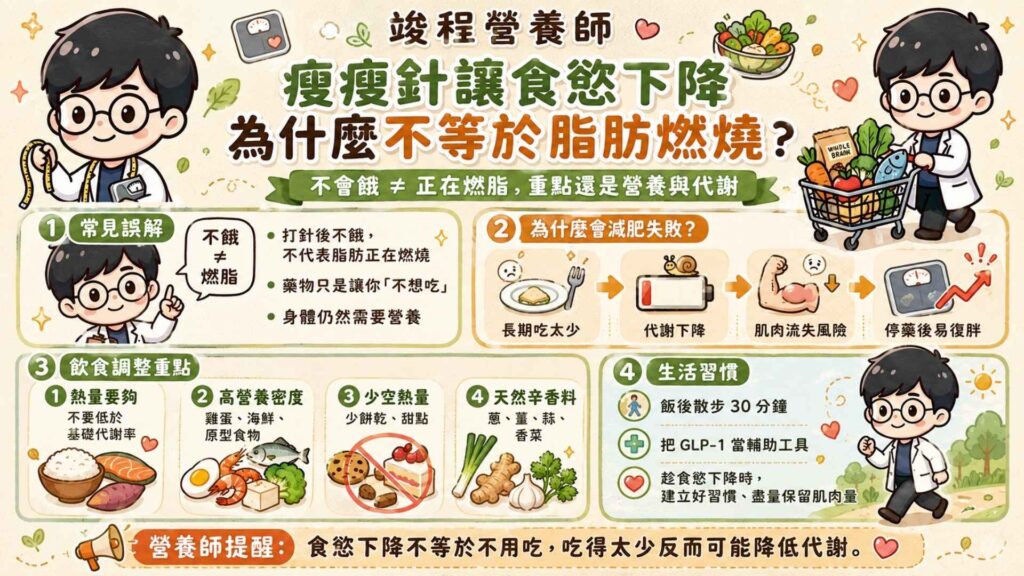 瘦瘦針讓食慾下降為什麼不等於脂肪燃燒？

我很常被個案問到：「營養師，我打針之後都不會餓，是不是代表脂肪正在燃燒？」

 這其實是一個很大的誤會！因為藥物只是讓你「不想吃」，但並不代表你的身體「不需要營養」。

很多人以為只要忍住不吃，體重就會一路往下降。但我實務上常看到，長期處於極低熱量狀態，身體反而會啟動保護機制，降低代謝，這樣反而容易導致停藥後復胖。你如果不知道為什麼及低熱量容易導致減肥失敗，可以參考吃很少還是胖這篇文章。

我建議把瘦瘦針（GLP-1）當成一個輔助工具。趁食慾下降的這段時間，培養良好的飲食與生活型態，盡可能的保留肌肉量，避免停藥後復胖。

那要怎麼調整飲食習慣呢？

確保熱量攝取充足：建議熱量攝取不要低於基本代謝率。

選擇高營養密度食物：例如雞蛋、海鮮等原型食物，減少空熱量食物，例如餅乾、甜點等。

善用天然辛香料：多利用蔥、薑、蒜、香菜等天然調味料，減少過多鹽分攝取。

飯後散步：吃飽後不要立即躺著或坐著，起來散步30分鐘，有助於消化。