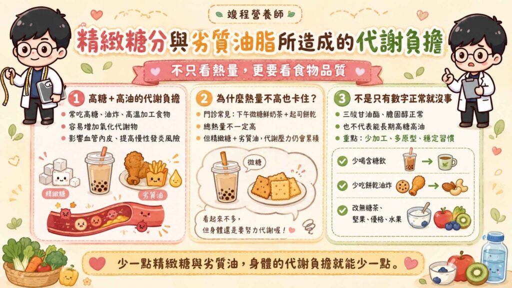 精緻糖分與劣質油脂所造成的代謝負擔

當身體頻繁處理高糖或高溫烹調的食物時，代謝過程容易產生過多的氧化代謝物。這些物質若長期累積，會影響血管內皮的健康，進而造成身體的慢性發炎反應。

我在門診有遇過一位很會計算熱量的女士，她跟我說：「她已經嚴格控制熱量在合理範圍內，但為什麼體重還是降不下來呢？」。經過我們討論之後才發現，因為工作壓力大的關係，所以她下午習慣喝一杯微糖鮮奶茶搭配起司餅乾，來緩解壓力。

雖然這組合的總熱量不高，但精緻糖與劣質油容易讓她長期處於代謝負擔中。
這也是為什麼我常提醒，就算三酸甘油酯與膽固醇正常，也不應該長期攝取高糖高油的加工食品。