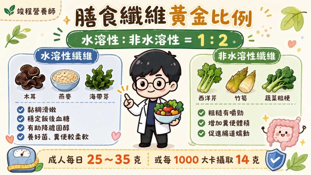 膳食纖維主要可以分成兩種類型, 一種是「非水溶性纖維」,通常食物質地較粗糙且有嚼勁,像是西洋芹、竹筍、蔬菜的粗梗,本身不溶於水,能增加糞便體積、促進腸道蠕動。
另一種是「水溶性纖維」,通常口感帶有黏稠感與滑嫩感,像是木耳、燕麥、海帶芽。溶於水後會形成膠狀物質,能減緩醣類吸收、穩定飯後血糖,並有助於降低膽固醇 。它同時能作為腸道益生菌的食物,使糞便保持濕潤柔軟。
衛福部建議成人每日膳食纖維攝取量約為25~35公克,或者每1000大卡需攝取14克膳食纖維。