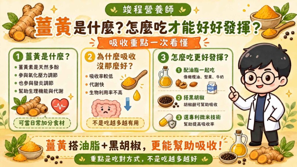 薑黃是什麼？怎麼吃才能好好發揮？

薑黃素是一種天然多酚，會參與身體的氧化壓力與發炎調節，能協助調節生理機能與代謝。簡單來說，薑黃可以想成一種「幫身體減少氧化壓力、協助發炎反應維持平衡」的食材。

根據研究顯示，薑黃素本身吸收差、代謝快、生物利用率低，所以不是吃進去多少就等於身體能用多少。 而薑黃屬於脂溶性營養素，建議搭配「油脂」一起吃，可以增加吸收率，也可以搭配「黑胡椒」一起吃，因為黑胡椒中的胡椒鹼可以提升薑黃素的吸收。也可以直接挑選有『專利微米技術的薑黃 』，來提高吸收率。

營養師嚴選推薦：『專利微米技術的薑黃 』
⚠️ 營養師的小叮嚀： 薑黃雖然是營養補給的好選擇，但並非人人皆宜。若有膽結石、服用抗凝血藥物或準備進行手術的人，補充薑黃前請務必先與醫師討論。