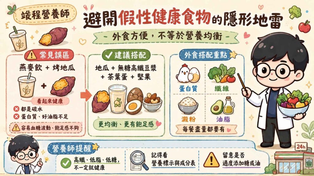 避開假性健康食物的隱形地雷
外食要特別注意隱藏的糖分與油脂。常遇到很多來諮詢的個案,因為方便,所以常選擇超商的燕麥飲配烤地瓜,以為熱量低又健康。
但燕麥飲和地瓜都屬於碳水化合物,缺乏足夠的蛋白質與好油脂,容易造成血糖飆高。因此建議可以調整成地瓜+無糖高纖豆漿+茶葉蛋+堅果隨身包。
所以外食選擇餐點時,要確保每一餐都有「蛋白質、纖維、澱粉、油脂」,營養素豐富且飽足感也夠。
營養師提醒:市售有很多食品標榜「高纖、低脂、低糖」等字眼,但這不一定代表健康,建議可以看營養標示及成分表,確認是否有過度添加糖或是添加油。