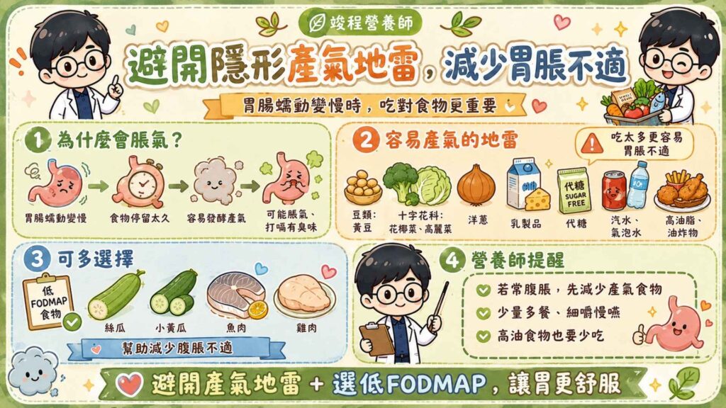 避開隱形產氣地雷，減少胃脹不適

除了噁心想吐之外，也有部分個案會出現脹氣或者打嗝有臭味的狀況。

因為胃腸蠕動變慢，食物在胃腸道停留太久，容易發酵產氣。若又吃過多「產氣食物」，容易導致胃脹不適。

容易產氣的食物包含高纖的豆類與十字花科（例如黃豆、花椰菜、高麗菜、洋蔥等），乳製品、代糖，以及汽水、氣泡水等氣泡飲品，至於延緩胃排空的高油脂食物（如油炸物）也應盡量避免。

如果容易出現腹脹等狀況，飲食上可多選擇絲瓜、小黃瓜、魚肉、雞肉等「低FODMAP食物」來減緩不適。如果不清楚低FODMAP食物怎麼選擇，可以參考這篇脹氣與便祕的文章。