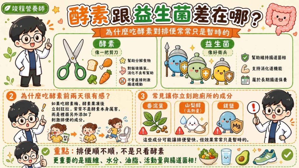 酵素跟益生菌差在哪?為什麼吃酵素對排便常常只是暫時的
你是不是也這樣「吃酵素的前兩天狂拉,但後面就完全沒效了?」
這裡要先把觀念徹底分清楚:「消化酵素」像是一把剪刀,主要工作是「幫忙分解食物」。把大塊的肉類與澱粉剪成小分子,對於「消化不良引起的飯後脹氣」有幫助,但它並「不會」直接去刺激腸道蠕動排便。
而「益生菌」就像是派一群好衛兵去腸道住下來,負責長期保護腸道菌相,維持正常的消化道機能。
但如果你吃市售的酵素梅、酵素果凍會立刻跑廁所狂拉,那通常不是酵素厲害,而是裡面偷偷加了「番瀉葉」、「高劑量山梨醇」或是「鎂鹽」等刺激性的輕瀉成分。