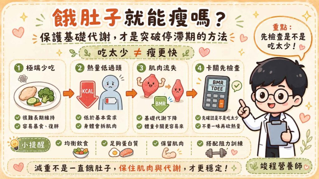 餓肚子就能瘦嗎?保護基礎代謝才是突破停滯期的方法
很多人以為,168斷食就是吃越少越好,但真的是這樣嗎?在進食的8小時中,只吃水煮青菜再配水煮雞胸肉。
往往就是這種極端飲食,造成減肥失敗。因為你沒辦法長期採取這種飲食方式,所以只要意志力崩潰,恢復正常飲食,就容易復胖。
而且當我們吃進去的熱量遠遠低於身體的基本需求,身體為了維持生命運作,就會優先分解那些「非常消耗能量」的肌肉。而肌肉一旦流失,就會造成基礎代謝率下降。就算體重下降,體態也不見得會好看。
如果想確認自己是不是吃得太少,可以使用 TDEE與基礎代謝率計算機,來確認熱量目標。
營養師提醒:體重卡關時,請先觀察自己是不是吃太少,再來決定要不要降低熱量攝取,而不要一昧地減少進食量。