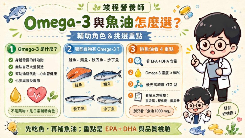 魚油推薦與 Omega-3 的輔助角色

Omega-3 是一種身體需要但無法自己大量製造的油脂，可以協助身體維持油脂代謝、支持心血管健康，並參與發炎調節，主要存在於鮭魚、鯖魚、秋刀魚、沙丁魚等油脂較多的魚類中。

而在找魚油時不要只看瓶身寫「魚油 1000 mg」，而是要看每份實際含有多少 EPA＋DHA，因為關鍵在於「Omega-3 濃度是否高於 80%」。

我會比較建議優先選擇吸收率較佳的 『高純度 rTG 型態魚油』，而且選購時優先挑選標示清楚、EPA/DHA 含量明確，並有第三方檢驗的產品，例如重金屬、塑化劑、戴奧辛等檢驗資料。

營養師嚴選推薦： 『高純度 rTG 型態魚油』
⚠️ 營養師的小叮嚀： 若平時有服用抗凝血藥物或降血脂藥物，請務必先與醫師討論後再進行額外補充，以免產生不良交互作用。