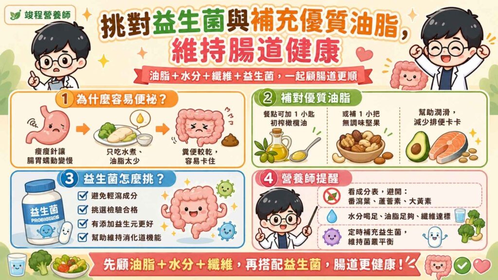 挑對益生菌與補充優質油脂，維持腸道健康

曾有遇過幾個使用瘦瘦針的個案，為了希望體重可以降得更快，所以選擇吃水煮餐。

但這個時候就會出現嚴重便秘的狀況，因為藥物已經延緩腸胃蠕動。如果這個時候又沒有適當的油脂進行潤滑，就很容易讓糞便卡住，不容易排出。

所以在餐點中淋一小匙初榨橄欖油或者補充一小把無調味堅果，都是補足油脂攝取的一個方式。

而我們要維持腸道健康除了水分喝足、油脂足夠、以及纖維量達標之外，定時補充益生菌來養好腸道菌叢，也是腸道健康不可或缺的一件事。

因為當食物在腸道中停留的時間變長，腸道內的壞菌容易過度滋生，進而引發脹氣、腹脹與消化不良。所以適當補充足量的益生菌，能有效幫助維持消化道機能。

而益生菌挑選時需要注意幾個挑選原則：

避免添加輕瀉成分。

挑選具有檢驗合格證明。

選擇有添加益生元（益生菌的食物）。

營養師嚴選推薦：『2000億益生菌』
營養師提醒：買產品前，請仔細看背面成分表，避開標示「番瀉葉、蘆薈素、大黃素」等含有輕瀉成分的品項！