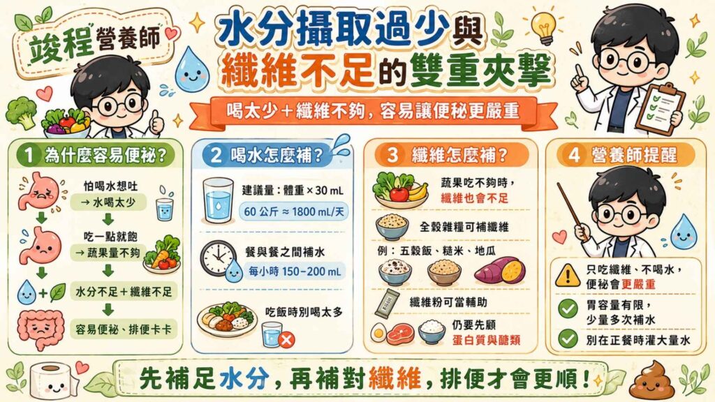 水分攝取過少與纖維不足的雙重夾擊
之前門診曾經遇到一位個案,因為怕喝太多水會想吐,所以就不敢喝太多水。再加上只要吃一點點就會覺得飽,所以蔬果攝取的量也不夠,結果導致便秘。
根據國家運動科學中心建議,每日建議飲水量為:「體重x30毫升」。假設60公斤的人,那一天的建議水量就是1800毫升。
那因為腸胃蠕動變得比較慢,所以需要避免在用餐的時候喝過多的水。喝水的時間建議兩餐之間每小時穩定補充 150~200 毫升。
另外有關於纖維的部分,通常纖維量高的食物,體積也比較大(例如蔬菜、水果),而當我們處於容易飽的情況下,再攝取過多蔬果,容易導致蛋白質與醣類的攝取不足。
所以建議可以將未精緻的全穀雜糧當作部分纖維來源(例如五穀飯等),這樣可以同時攝取醣類又可以補充纖維。
如果日常飲食中的蔬果量因為胃容量限制而攝取不足,適量補充纖維粉來當作輔助來源,也是一個方法。
營養師提醒:如果只有補充纖維,但水分攝取不夠,反而會造成嚴重便秘。